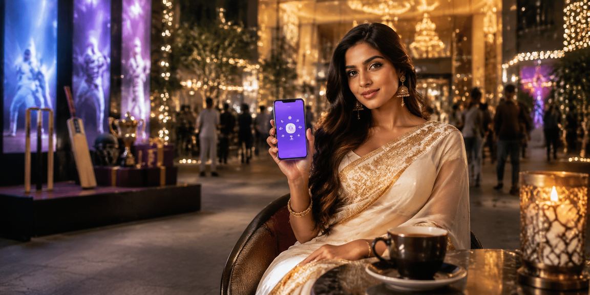 Player placing cricket bets wearing traditional saree at home in India