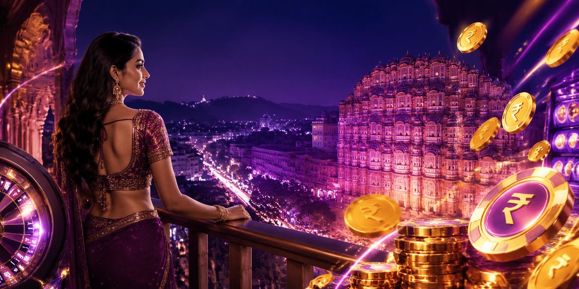 Jaipur Hawa Mahal with casino night and Indian Rupees symbol